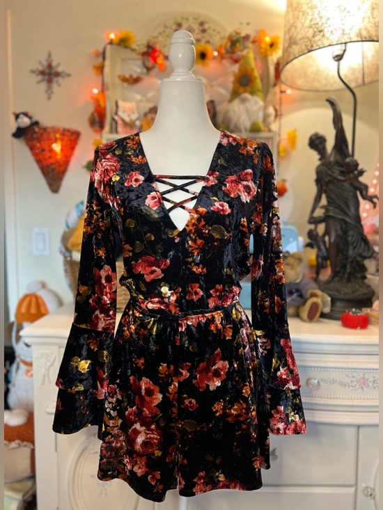 Charlotte Russe Pants - Charlotte Russe Black Velvet Floral Crisscross Romper with Red & Gold Blooms